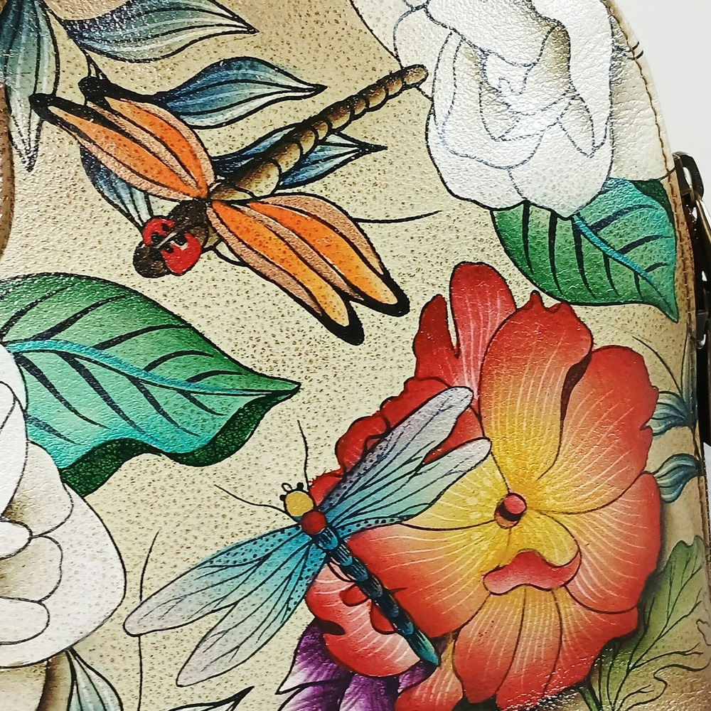 Anuschka Hand Painted Leather Floral Dragonfly Crossbody Bag Tan Small - Picture 11 of 15